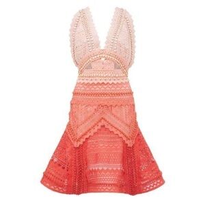 Thurley- La Rambla Peach and Red Ombré Lace Cutout Sleeveless Midi Dress